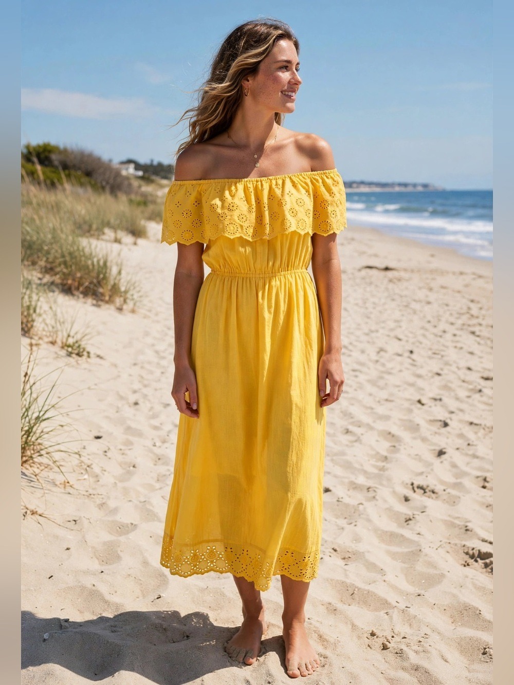 J Gee Bright Yellow Off-Shoulder Eyelet Maxi Dress NWT